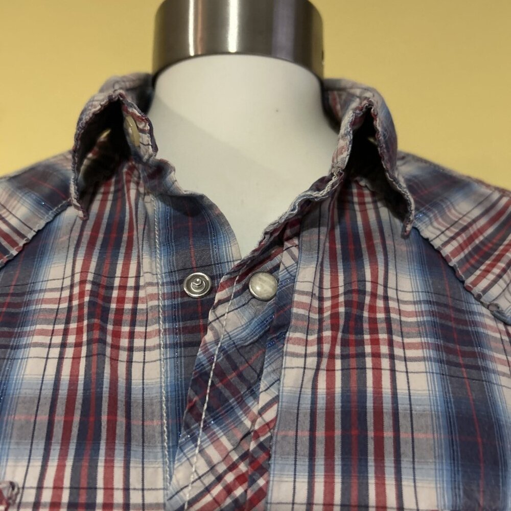 VTG Lucky Brand Western Shirt Womens M Cowgirl Pearl Snap Plaid Tiger Patch - Picture 9 of 16